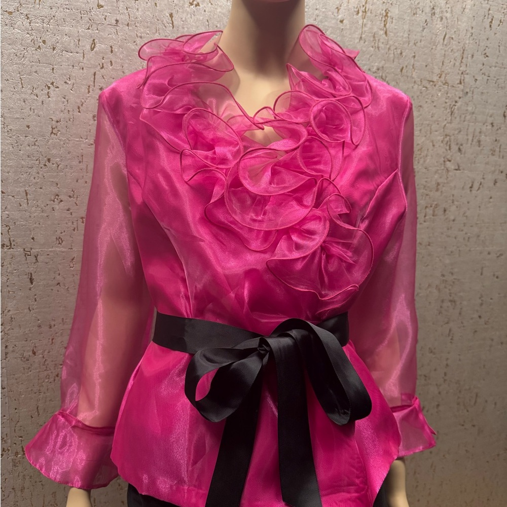 Chic Fuchsia Ruffled Women's Blouse with Black Bow